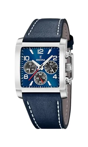 Festina Herrenuhr Analog - Leder Blau - Quarzwerk - Chronograph - Gehärtetes Mineralglas - Wasserdicht 5 ATM - Elegant - F20653/1 Special Prices