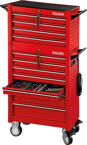 Bestückter Werkstattwagen UNIVERSE mit E-Power Elektroverteiler - Werkstatteinrichtung mit 379-teiligem Werkzeugset, stabiler Kunststoffoberfläche und praktischem Werkstattwagenaufsatz für optimale Übersicht und Ordnung.