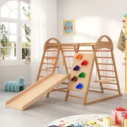 Merax Klettergerüst 8-in-1 Holzspielset - Klettergerüste für drinnen, fördert motorische Fähigkeiten und Kreativität, inklusive Kletterwand, Rutschbahn und Schaukel für endlosen Spaß.