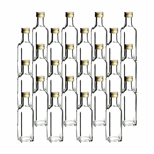 gouveo 24er Set Glasflasche 100 ml Maraska - Vielseitige leere Flasche für Likör & Öl - Glasbehälter & Töpfe - Hochwertige eckige Flaschen im Maraska-Design mit Schraubverschluss, ideal zum Abfüllen und Verschenken von selbstgemachten Spirituosen oder Ölen!