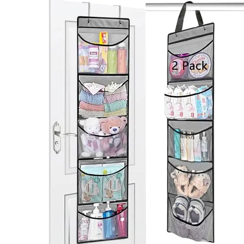 devesanter Hängeregal 2 Stück Hängeaufbewahrung Organizer mit 5 Netztaschen,Taschen Organizer für Schrank Aufbewahrung über der Tür Hängend uscheltiere Aufbewahrung für Schlafzimmer (grau)