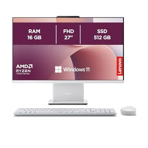 Lenovo IdeaCentre Desktop-PC All-in-One, Display 27 Zoll FHD, AMD Ryzen 5 7535HS, 512 GB SSD, RAM 16 GB, Ladestation für Smartphone, kabellos, Speakers, WiFi 6, Windows 11 H, kabellose Tastatur + Maus