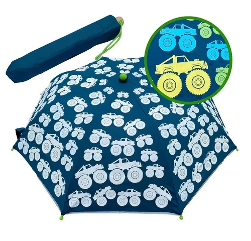 HECKBO Regenschirm Kinder Monster Truck Magic – Farbwechsel bei Regen - Taschenschirm mit Farbwechsel-Effekt bei Regen, ideal für Kinder. Sicher und robust, mit reflektierenden Streifen für bessere Sichtbarkeit und ergonomischem Holzgriff.
