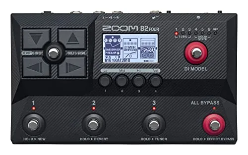 Zoom B2 FOUR Bass Multi-Effekt-Pedal | Schwarz - E-Gitarren-Multieffektpedal mit 104 Effekten, 250 Presets und integriertem 60-Sekunden-Looper – ideal für kreative Bassisten, die ihren Sound individuell gestalten möchten.
