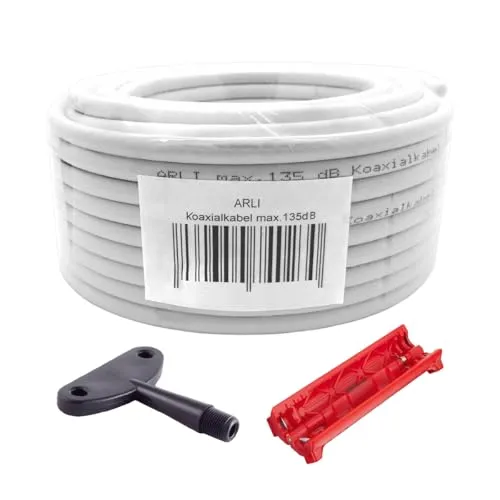 ARLI 50m Koaxialkabel 135dB 5-fach geschirmt + Abisolierer & Aufdrehhilfe – Werkzeug Set für DVB-S/S2 DVB-T/T2 DVB-C/C2 4K UHD HDTV Sat Antennenkabel