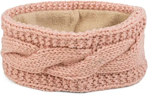 styleBREAKER Damen Stirnband Grobstrick mit Zopfmuster und Pailletten, warmes Fleece Innenfutter, Haarband, Headband 04026002, Farbe:Rose