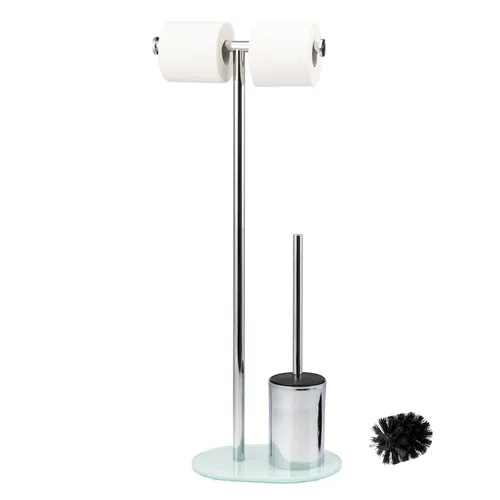 bremermann Stand-WC-Garnitur, 3in1 in Weiß und Metall - Klobürsten, elegante 3in1 WC-Garnitur mit schwerem Sicherheitsglas-Fuß und hygienischem Kunststoff-Einsatz für einfache Reinigung und festen Stand.