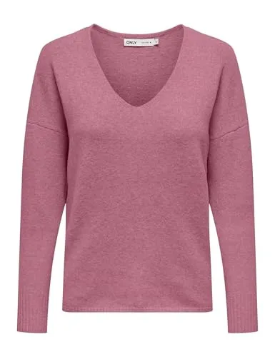 ONLY ONLRICA LIFE Strickpullover - Eleganter V-Ausschnitt in Grau/Rosa - Pullover aus 93% Polyester, wärmend und bequem. Ideal für elegante Looks, Maschinenwäsche freundlich. Größe M, langarm mit V-Ausschnitt.