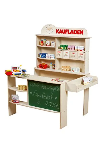 roba® Kaufladen Verkaufsstand mit Zubehör - Spielmöbel für Kinder ab 3 Jahren, inklusive 4 Schubladen, Uhr und Tafel für kreatives Spielen und Rollenspiele.