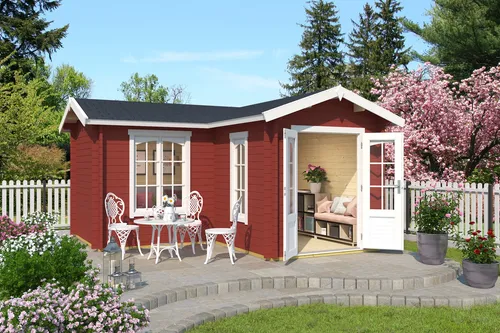Gartenhaus Blockhaus Portsmouth 44 mm rot 420x420 cm - Gartenhaus aus Blockbohlen mit Satteldach, abschließbar und isolierverglast für optimale Sicherheit und Komfort. Nutzfläche von 11,3 m², ideal für Gartenliebhaber!