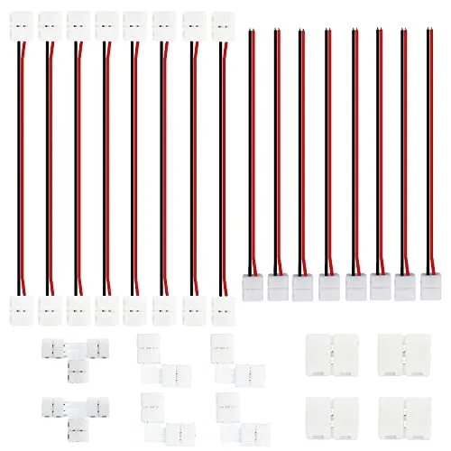 HUAZIZ 2 Pin Anschluss LED Band flexibel Kabel Adapter Jumper 8 mm, 8 x 2 Pin Anschluss LED Streifen, 4 x L-Form Eckverbinder, 4 x T-Form, 2 x 2 Pin LED Schnellverbinder