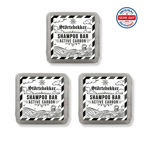 Störtebekker Festes Haarshampoo - Active Carbon - Shampoos, 3-tlg. Set mit 1% Salicylsäure für porentiefe Reinigung, ideal für fettige und sensible Kopfhaut.