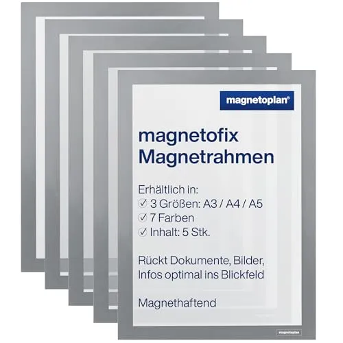 magnetoplan magnetofix Magnetrahmen, 5 Stück, grau| Format: A4 | Magnethaftender Rahmen für Dokumente + Bilder | Magnetischer Inforahmen für Büro, Schule, Lager + Werkstatt