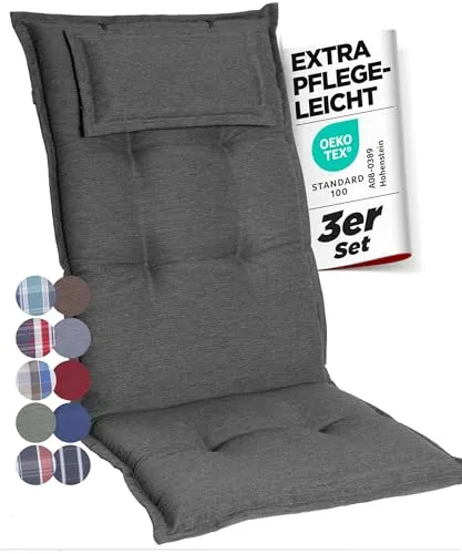 Gardisun Hochlehner Gartenstuhlauflagen 3er Set – Extra Dicke Polster für höchsten Komfort