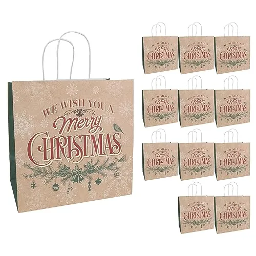Idena 30363-12 - Geschenktüten Weihnachtlicher Zweig, 12 Stück, 28 x 28 x 15 cm, Papiertüten, Geschenktaschen, Weihnachtstüten