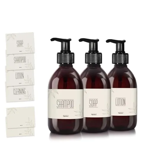 Oputec 3 x 300ml Seifenspender aus Kunststoff braun + Etiketten: Shampoo Flaschen zum Befüllen als Duschgel Spender, Pumpspender, Pumpflasche - Behälter zum Befüllen für Küche Badezimmer