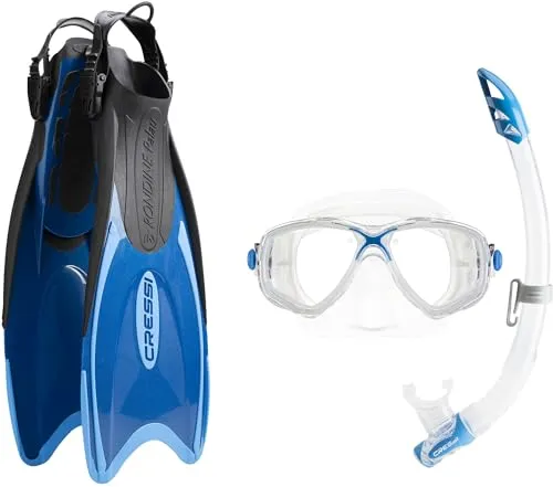 Cressi Schnorchel-Sets Palau Marea Bag - Blau/Azurblau, XS/S - Schnorchelset mit Brille, Schnorchel und Flossen, leicht und ideal für Reisen. Die bruchfeste Glasmaske aus 100% Silikon sorgt für besten Komfort und Sicht.