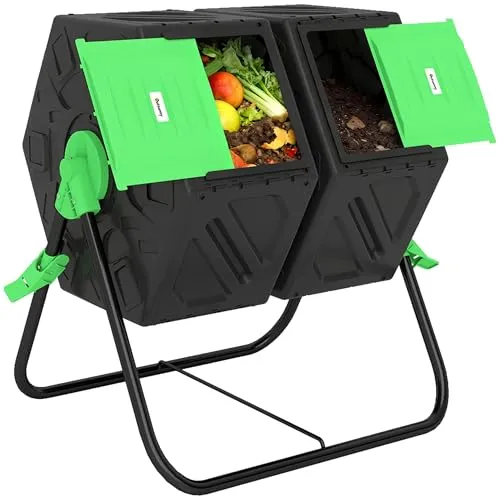 Outsunny 130L Rotierender Komposter mit 360° Drehfunktion - Praktischer Komposter mit 130L Volumen und Doppelkammer für effiziente Abfallverwertung. 24 Belüftungslöcher sorgen für optimale Zersetzung, während die stabile Stahlbasis Sicherheit beim Drehen bietet. Ideal für Garten und Balkon.