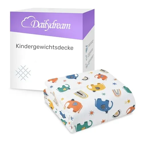 Dailydream Gewichtsdecke für Kinder - Elefantendesign, 104 cm x 150 cm - Hochwertige Gewichtsdecke für Kinder mit Elefantendesign, ideal für entspannende Nächte. Mit einer Füllung aus Glasperlen sorgt sie für ein angenehmes Gefühl und ist aus 100% Baumwolle gefertigt.