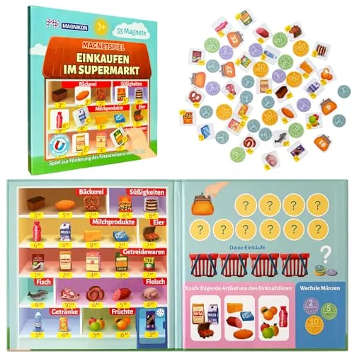 MAGNIKON Magnetspiel Einkaufen im Supermarkt 55 Magnete, Spielen und Lernen, Lernspiel Rechnen Lernen mit großem Spielfeld für die Beschäftigung bei der Autofahrt, Spiel für Unterwegs, Zuordnungsspiel