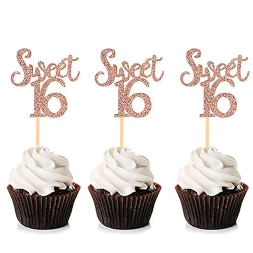 Unimall Global 24 Stück Rose Gold Glitter Sweet 16 Cupcake Topper 16 Geburtstagstorte Topper Decor Picks für Kinder Mädchen Geburtstag Party Jubiläum Party Dekoration Zubehör