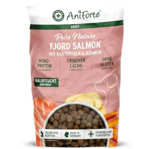 AniForte Lachs Trockenfutter für Hunde 12,5kg – Getreidefreies Premium Hundefutter - HUNDE TROCKENFUTTER: Halbfeuchtes Hundefutter mit frischem Lachs, ideal für allergische Hunde. Reich an Vitaminen & Mineralstoffen für eine ausgewogene Ernährung.