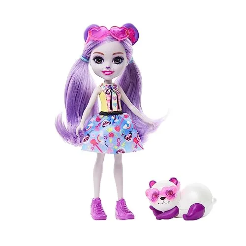 Enchantimals Glam Party Pemma Panda - Puppe mit bestem Tierfreund Clamber, niedlichen Bärenohren und abnehmbarem Rock, tolles Geschenk für Kinder ab 4 Jahren, HNT58
