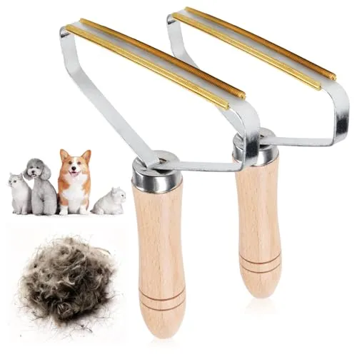 com-four® 2X Tierhaarentferner - Reinigungsbürsten mit Holz-Griff - Hunde- und Katzenhaarentferner für Teppiche, Autositze, robuste Textilien - Tierhaarrakel (2 Stück - silberfarben/beige/goldfarben)