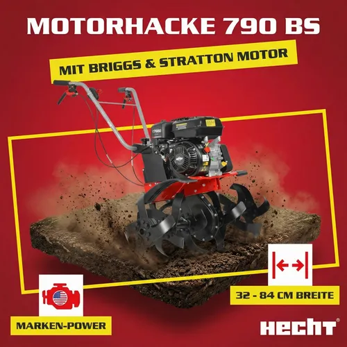Hecht Benzinmotorhacke 6,5 PS mit Briggs & Stratton Motor - Motorhacken für effektives Hacken mit 84 cm Arbeitsbreite, leistungsstark und ergonomisch gestaltet für komfortables Arbeiten im Garten.