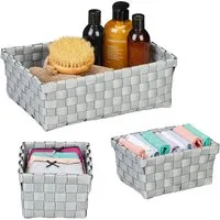 Relaxdays Aufbewahrungskorb 3er Set Kunststoff Eisen Grau Weiß Formstabil 31 cm x 21 cm x 11 cm und 18,5 cm x 14,5 cm x 10 cm