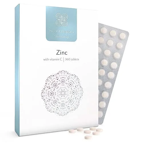 Healthspan Zink mit Vitamin C | Immungesundheit | 15 mg Zink und 80 mg Vitamin C pro Tablette | Leicht resorbierbar | Einnahme einmal täglich | Einfach zu schlucken | Vegan | 360 Tabletten