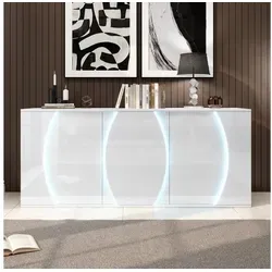 OKWISH Sideboard 150x70x40 cm mit LED-Beleuchtung & 3 Türen (Packung, 1 St., Design-Schrank aus Spanplatte), Hochglanz-Sideboard in Weiß weiß
