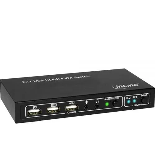 InLine 2x1 HDMI KVM Switch - Effizienter KVM-/Audio-/USB-Switch für Desktop - KVM Switch für 2 Computer und 1 Benutzer, ideal zur einfachen Steuerung mehrerer Geräte mit nur einem Set an Peripheriegeräten.