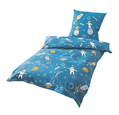 JACK by Bierbaum Kinder Bettwäsche 2 TLG. Astronaut Weltall 135x200cm - Bettwäsche-Set für Kinderbetten mit atmungsaktivem Sonnensystem-Motiv, ideal für kleine Weltraum-Fans, 100% Baumwolle, pflegeleicht und waschbar bei 60 Grad.