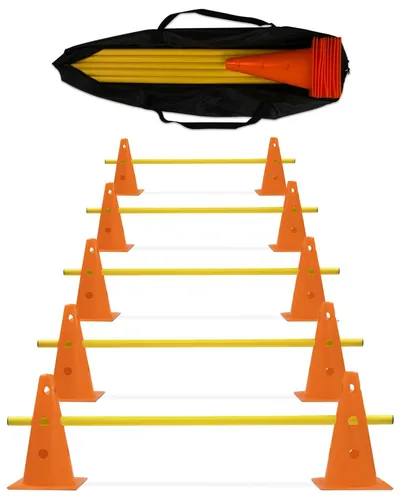 Kegelhürde Cavaletti 5er Set mit Stangen 100 cm orange/gelb - Agility Hürde im 5er Set, ideal für Training und Übungen. Robuste Konstruktion für vielseitige Einsatzmöglichkeiten, fördert die Beweglichkeit und Koordination.