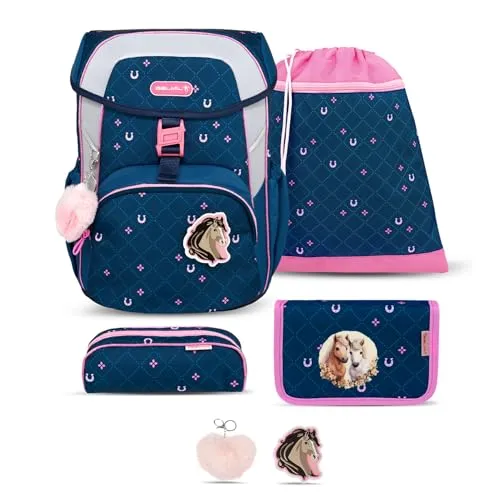 Belmil Maxi Schulranzen Set 5-teilig mit Brustgurt – Meet your Horses