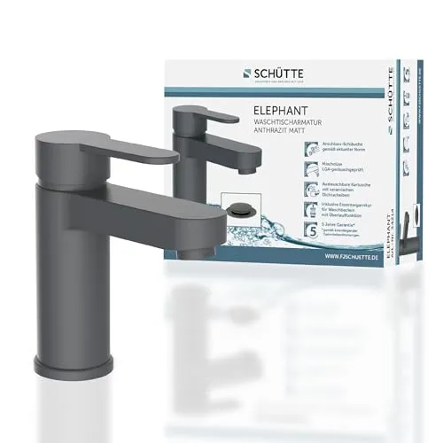 SCHÜTTE ELEPHANT Waschtischarmatur - Touch-On-Wasserhahn für Badezimmerwaschbecken mit elegantem, kantigen Design in anthrazit matt, inklusive Ablaufventil und einfacher Montage.
