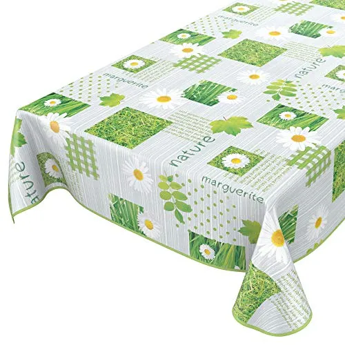 Wachstuchtischdecke abwaschbar Garten Tischdecke Wachstuch Rund Oval Eckig Indoor Outdoor Karo Kamille Grün 120x140cm mit Saum - Eingefasst