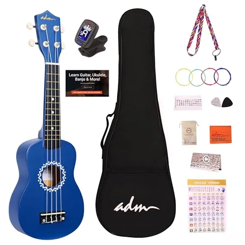 ADM Sopran Ukulele Set für Kinder und Anfänger, Ukulele Starter Kit mit Tasche, Stimmgerät, Regenbogensaiten, Bunter Gurt, Plektron, Griffbrettaufkleber, Akkord-Karte (Matt-blau)