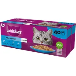 Whiskas Katzenfutter Nassfutter Adult 1+ Fisch-Auswahl in Gelee - 40x85g Portionsbeutel Multipack, für gesunde Haut und schönes Fell mit Omega-6-Fettsäuren
