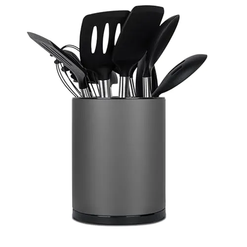 Haiyouneer 360° drehbar Küchenutensilienhalter für Arbeitsplatte groß Utensilienhalter Küche für Küchentheke Edelstahl Utensil Organizer für die Arbeitsfläche Utensilientöpfe 3 Fächer (Dunkelgrau)