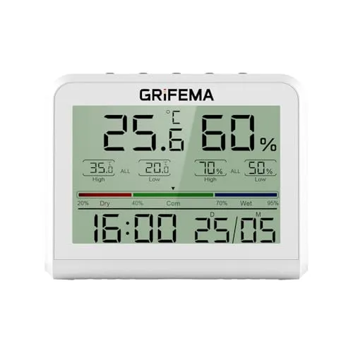 GRIFEMA GA2901 Digitales Thermo-Hygrometer, Thermometer Hygrometer Innen, Digitales Feuchtigkeitsmessgerät mit Hintergrundbeleuchtung, wetterstation, ideal für Zuhause/Gewächshaus, Weiß