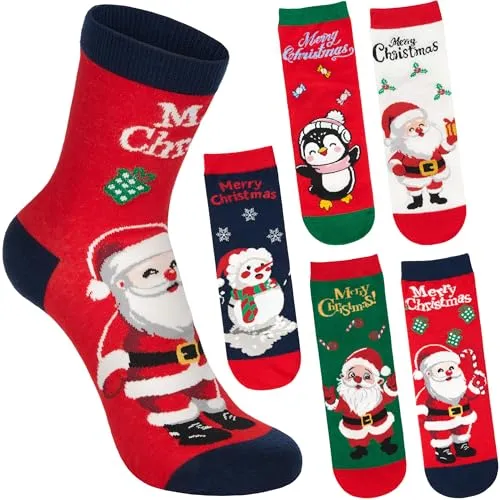BRUBAKER 5 Paar Weihnachtssocken für Damen - Santa, Schneemann und Pinguin - Lustige Socken Weihnachten - Buntes Sockenset - Geschenk für Frauen & Mädchen - Größe 36-41