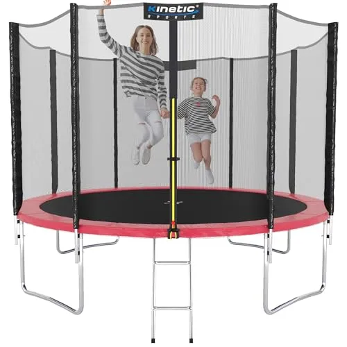 Kinetic Sports Gartentrampolin SALTO, Ø 244 cm - Trampolin für Kinder mit Sicherheitsnetz, ideal für Garten und Outdoor. Inklusive Leiter und pinker Randabdeckung für sicheres Springen und Spaß im Freien.