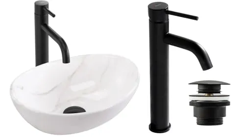 GTM Design Aufsatzwaschbecken Glanz Set mit Waschtischbatterie und Stopfen