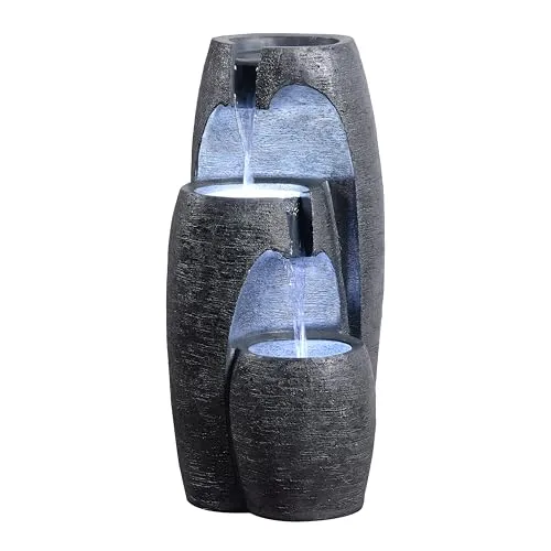 Teamson Home Gartenbrunnen 3-stufig mit LED - Schwarz - Moderner 3-stufiger Gartenbrunnen mit LED-Beleuchtung. Schafft eine entspannende Atmosphäre in Ihrem Außenbereich. Wetterbeständig und einfach zu installieren – einfach einstecken und genießen!