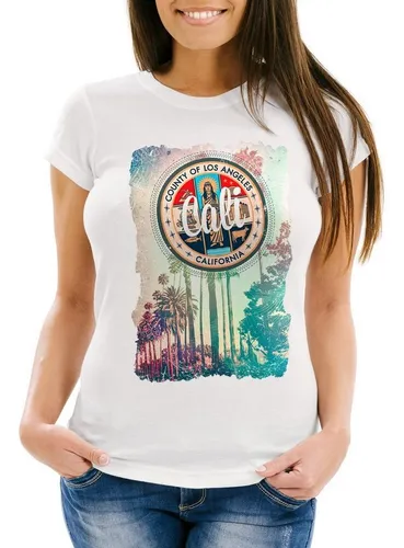 Neverless Print-Shirt Damen T-Shirt California Beach Sunset Palmen Retro Slim Fit mit Print