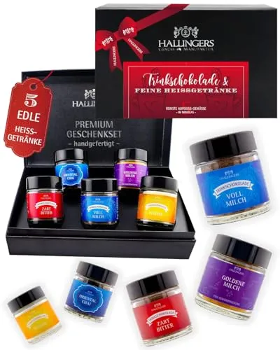 Hallingers Genuss Manufaktur 5 Sorten Trinkschoki Geschenk-Set mit Schokolade, Chai Tee und Goldene Milch Gewürz