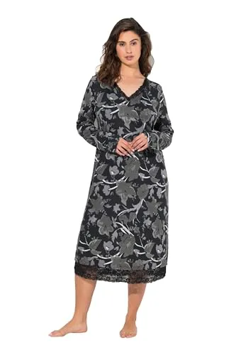 Ulla Popken Damen Plus Size Nachthemd mit Blütenmuster - Elegantes Nachthemd in Übergrößen mit dekorativem Blütenmuster und V-Ausschnitt. Die extraweiche Modal-Baumwollmischung sorgt für hohen Tragekomfort und eine bequeme Passform.