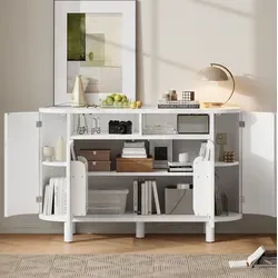 Sideboard Mdf Weiß 120 X 38 X 77 Cm Mit 2 Türen, Offenem Rundbogenfach, Verstellbaren Böden Und Stellfüßen